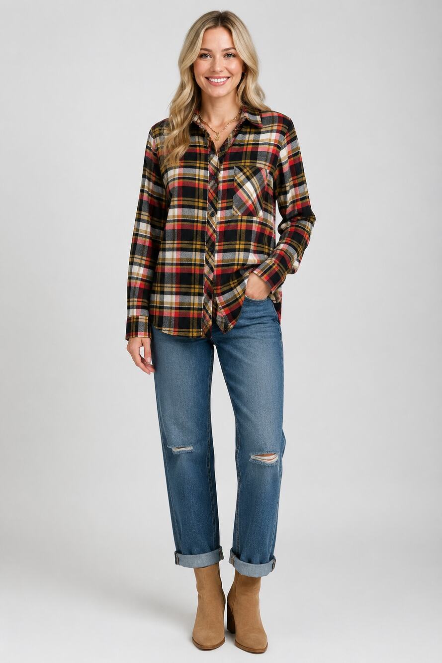 Casa Cabana Womens Wendy Mustard Greens Plaid Button Up Shirt Size Large NWT